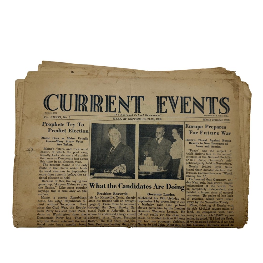 Vintage 1936 Current Events Newspaper FDR Landon Election WWII History Ephemera